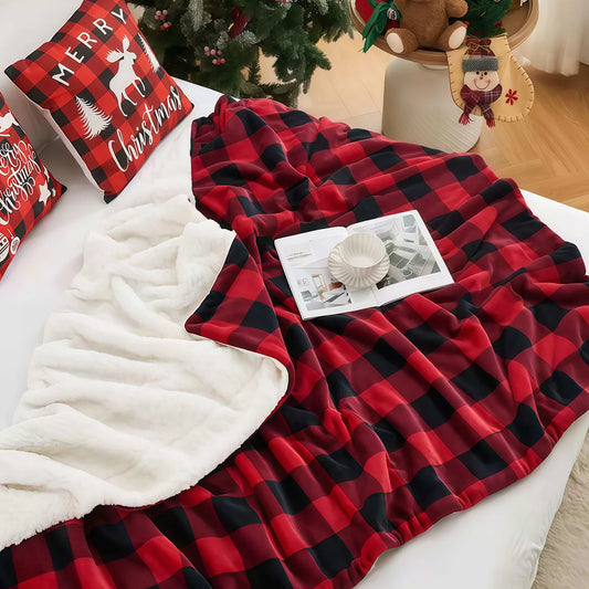 1pc Cozy Sherpa Fleece Buffalo Plaid Blanket