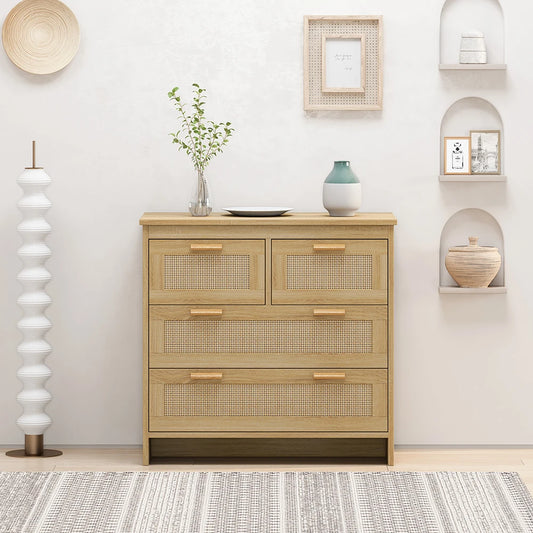 Modern 4-DrawerRattan Dresser Storage Cabinet