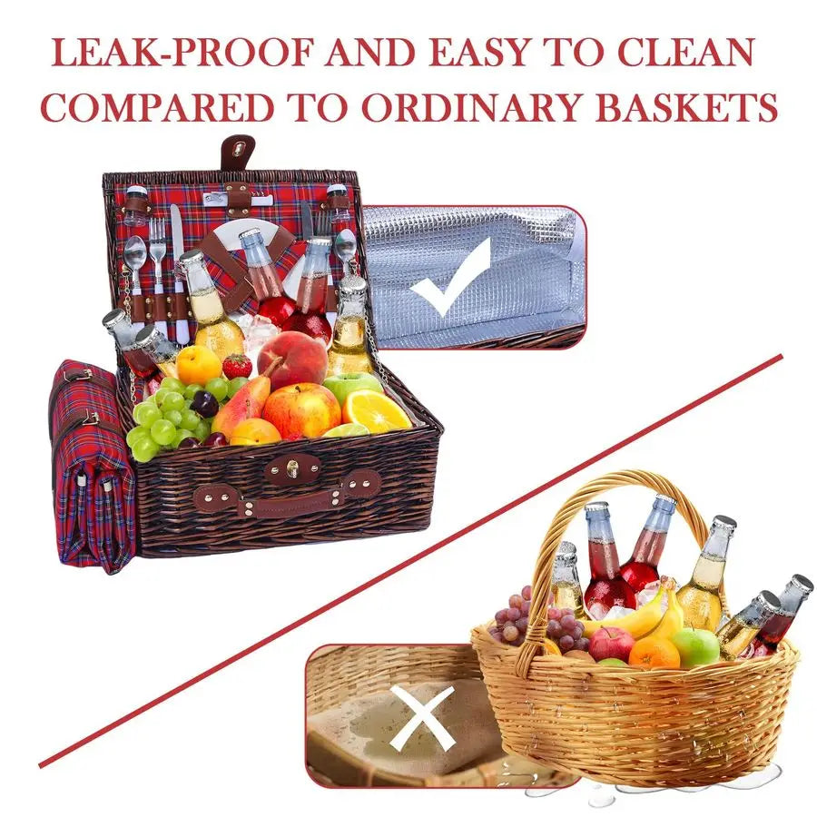 Wicker Picnic Basket for 4 with Insulated Cooler