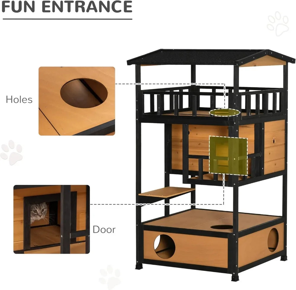 Outdoor Wooden Cat House with Asphalt Roof