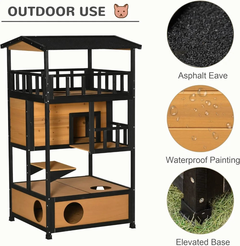 Outdoor Wooden Cat House with Asphalt Roof