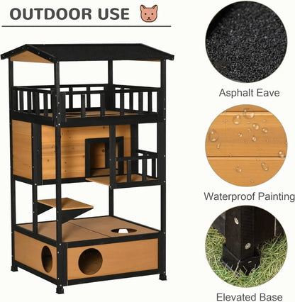 Outdoor Wooden Cat House with Asphalt Roof