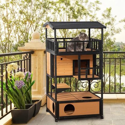 Outdoor Wooden Cat House with Asphalt Roof