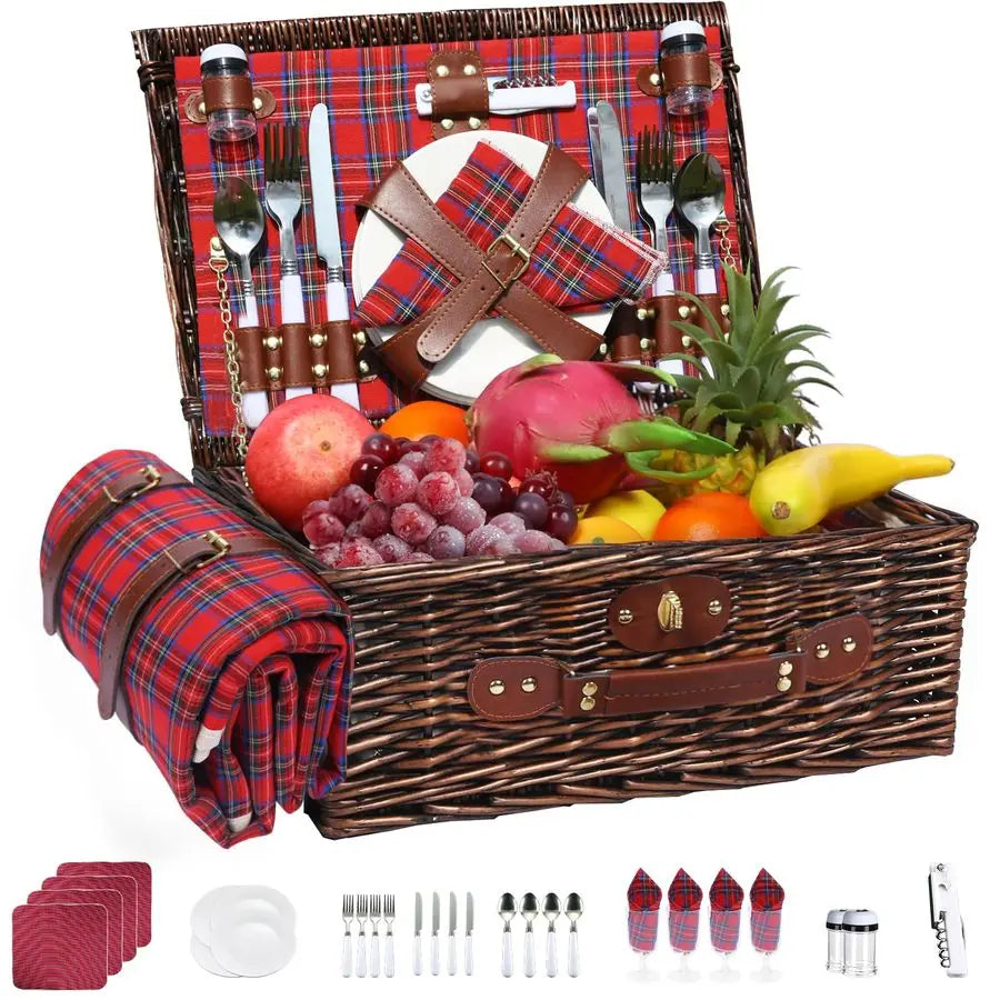 Wicker Picnic Basket for 4 with Insulated Cooler