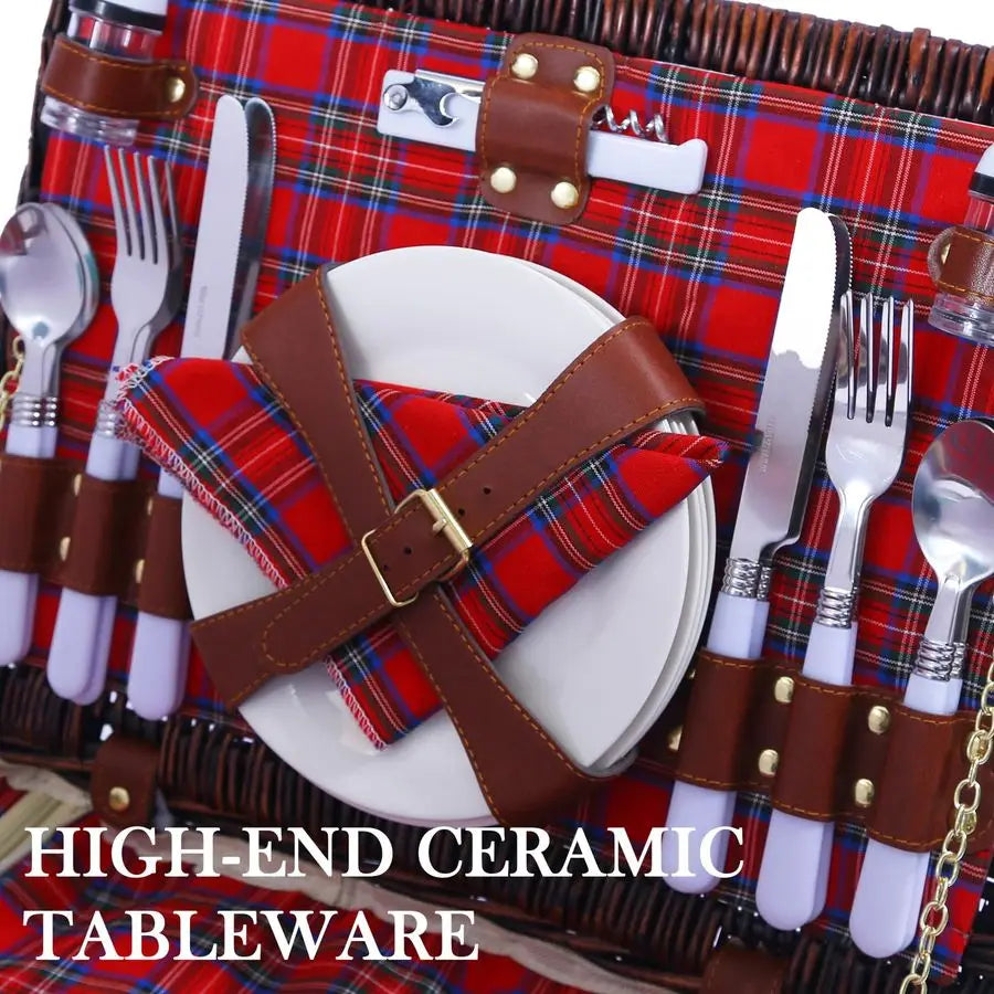 Wicker Picnic Basket for 4 with Insulated Cooler